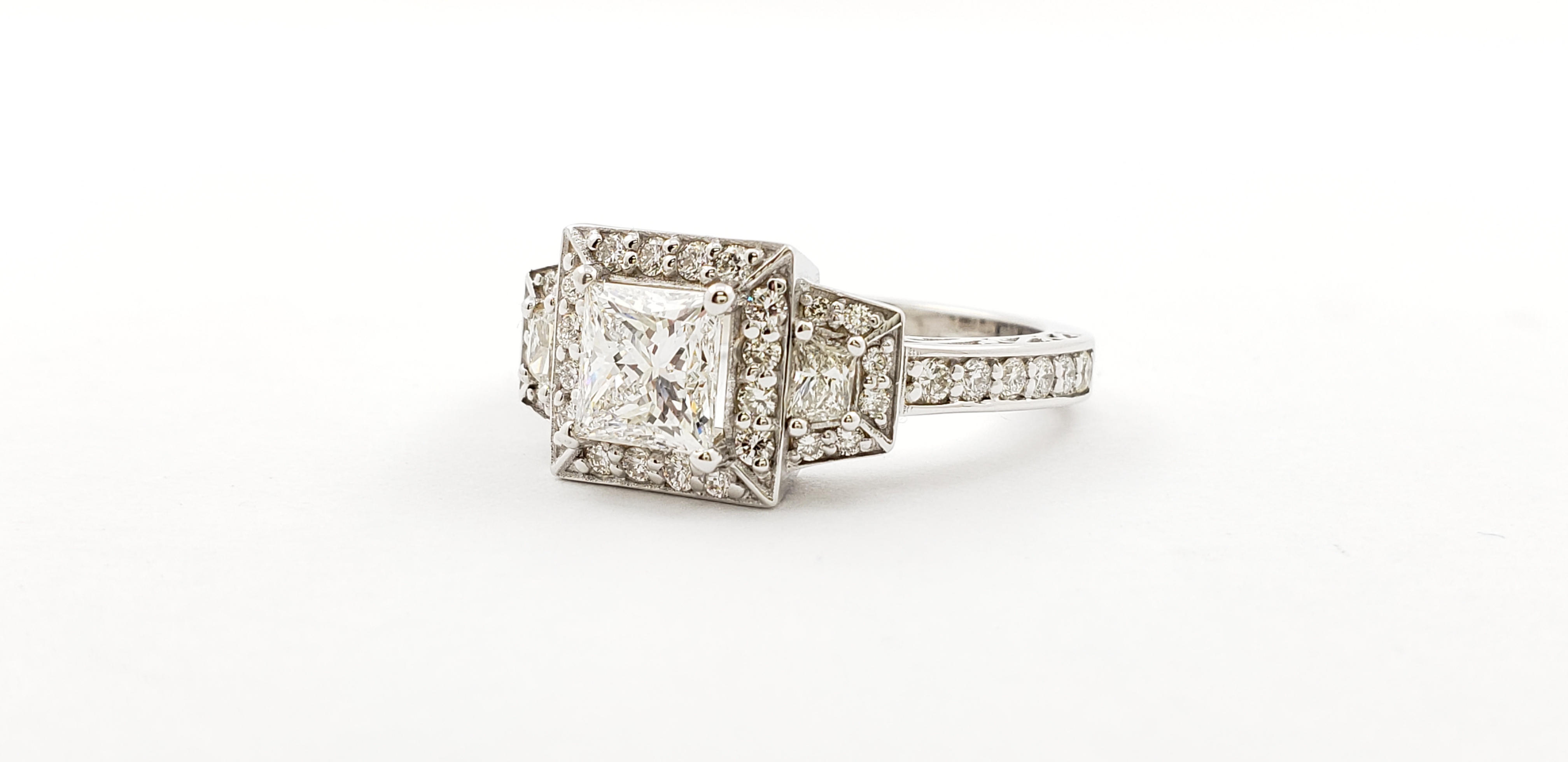 Three Stone Princess Cut Diamond Halo Ring